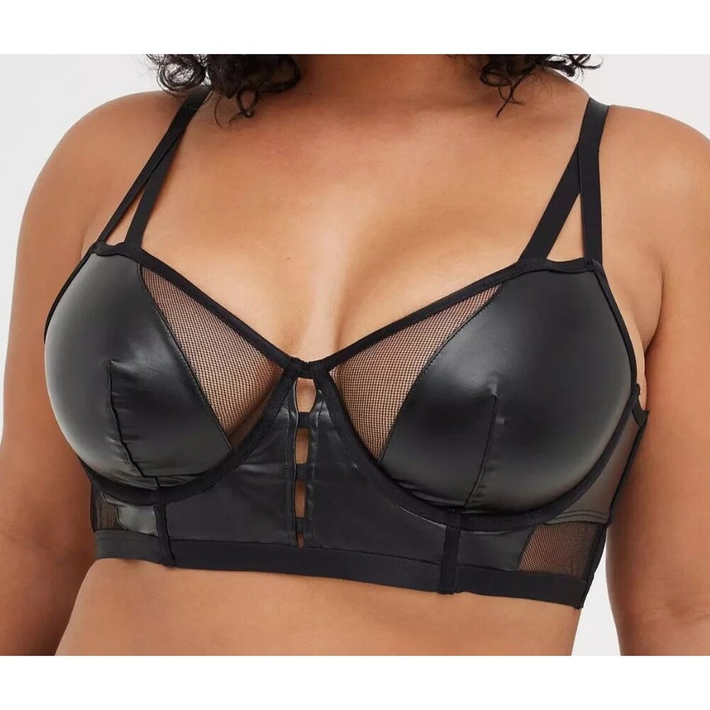 Torrid Black Faux Leather & Mesh Unlined Longline Underwire Bralette Size 0 *NEW